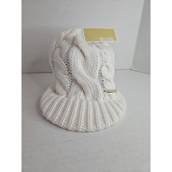 NWT MICHAEL KORS Cable Knit Cream Newsboy Beanie Cap Warm Hat 100% Acrylic Logo - Picture 1 of 6